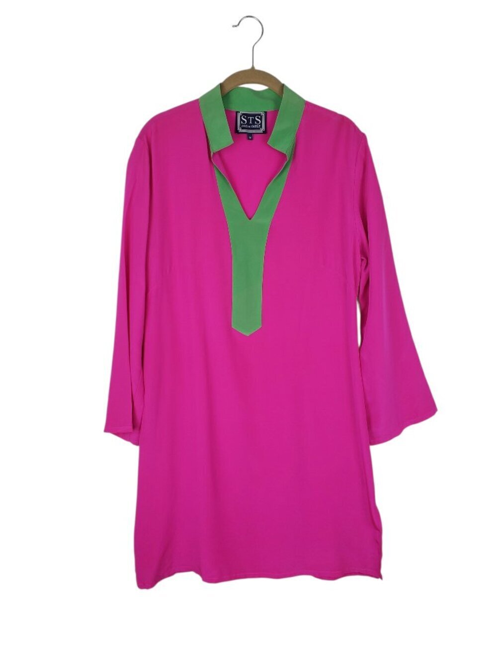 Sail to Sable Silk Tunic Dress Neon Magenta Pink Green Womens Medium